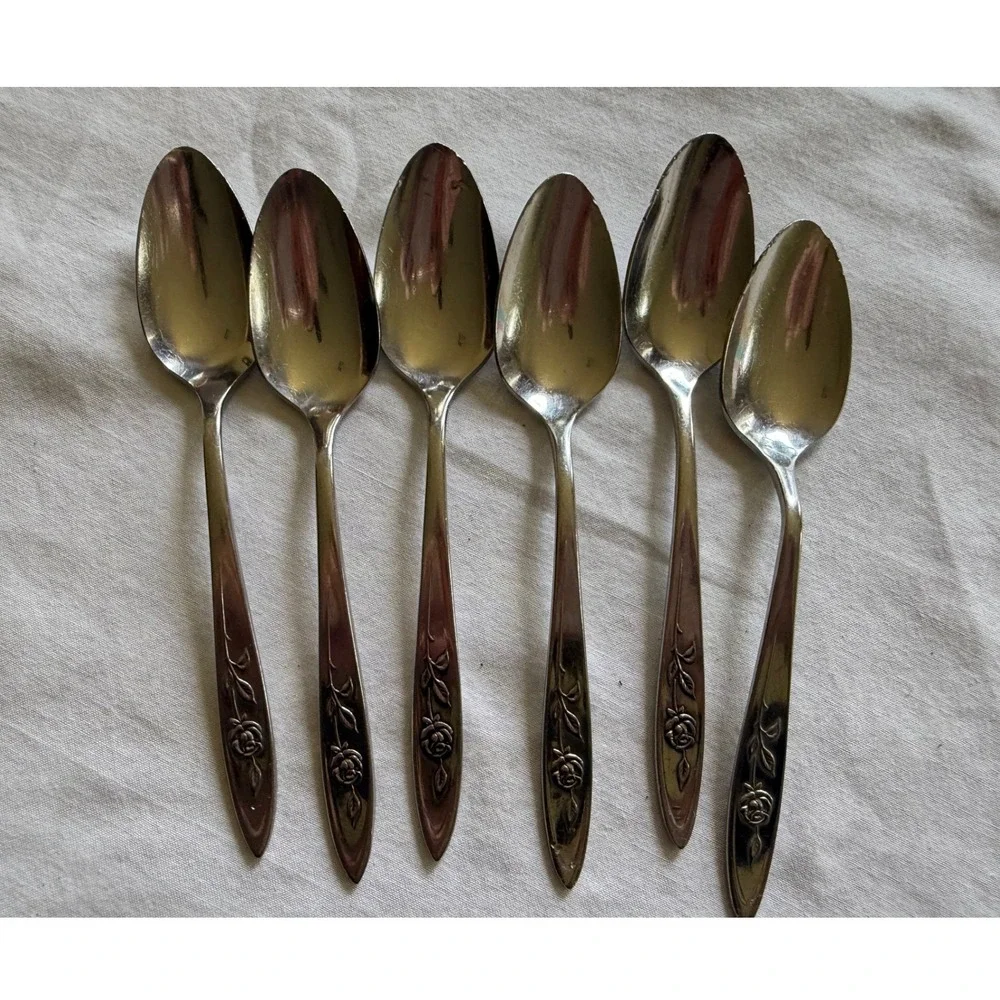 Oneida Community Stainless Morning Rose Teaspoons Set of 6 Floral Silverware 6in
